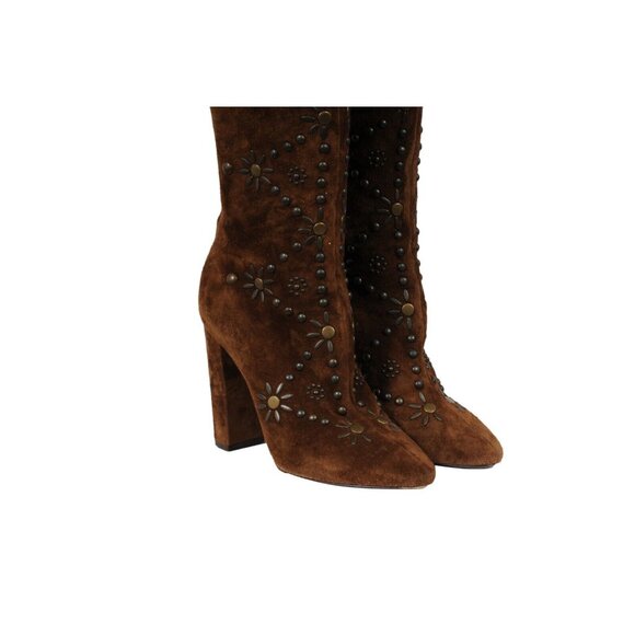 Saint Laurent Womens Ella Studded Knee Boots US 7 EU 37 Brown Suede - Picture 3 of 16